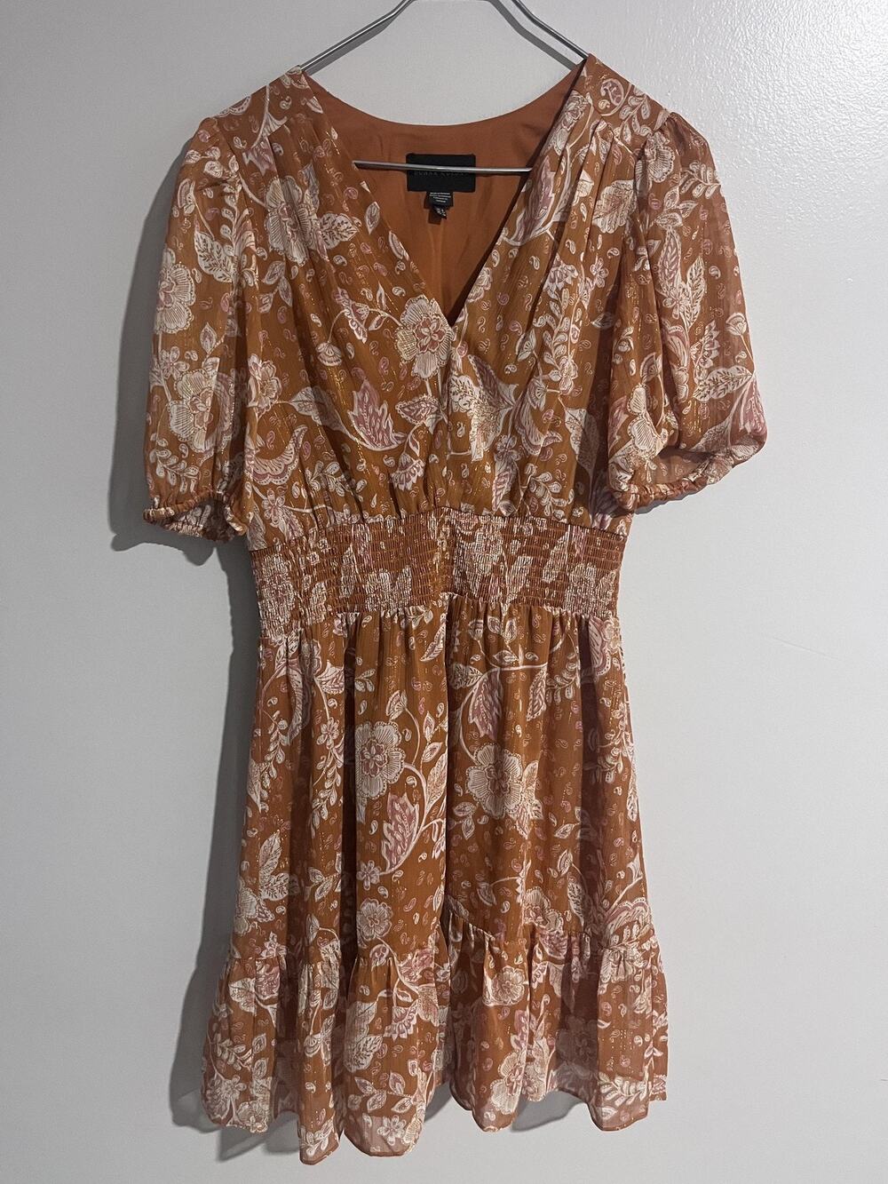 Donna Morgan Dress Womens 8 Brown Fit & Flare Midi Paisley Smocked Ruffle